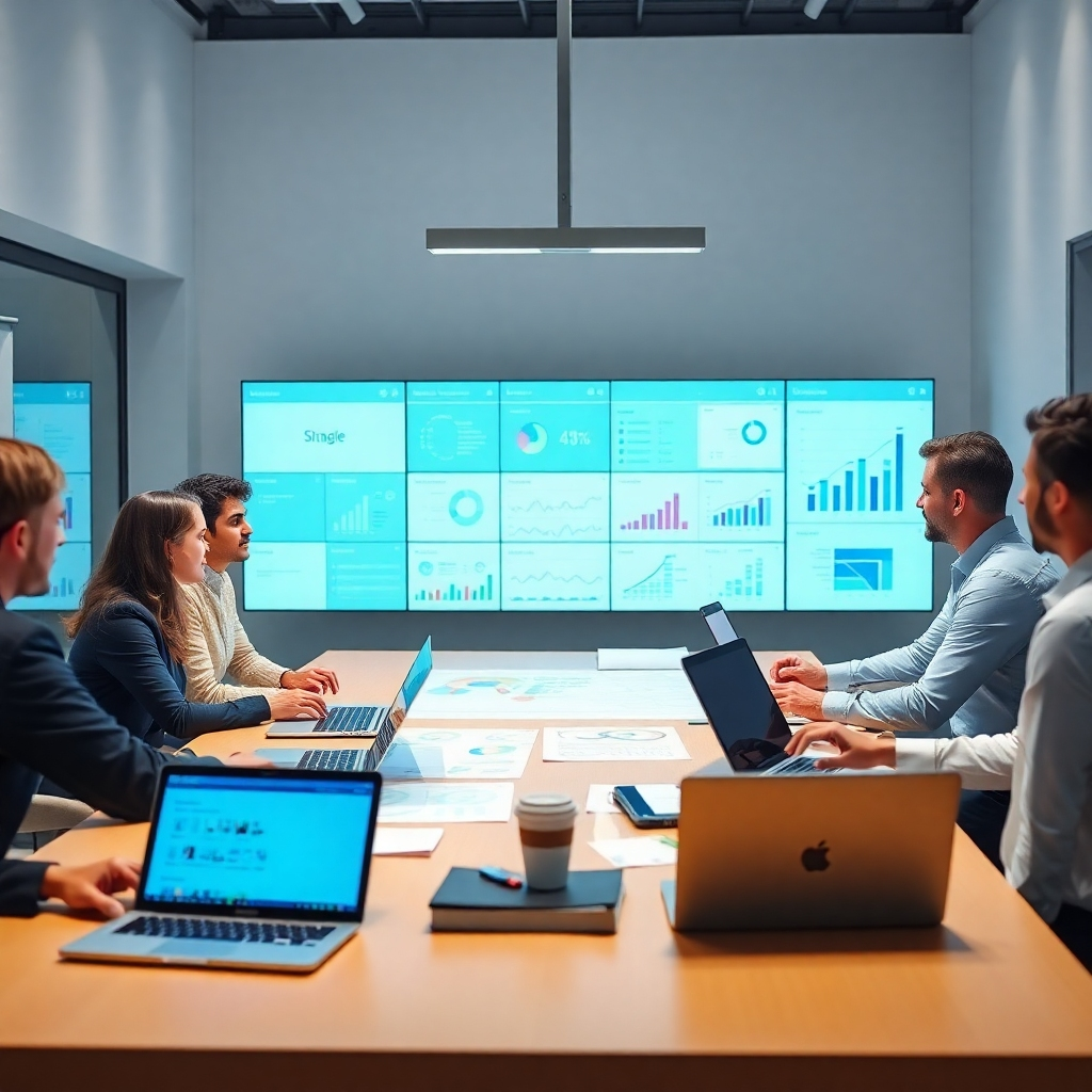 A photorealistic image of a diverse team of consultants brainstorming around a large table, with laptops and digital displays showing strategic plans and charts. Bright lighting, modern office setting. Focus on collaborative teamwork and strategic planning. Resolution: 4K
