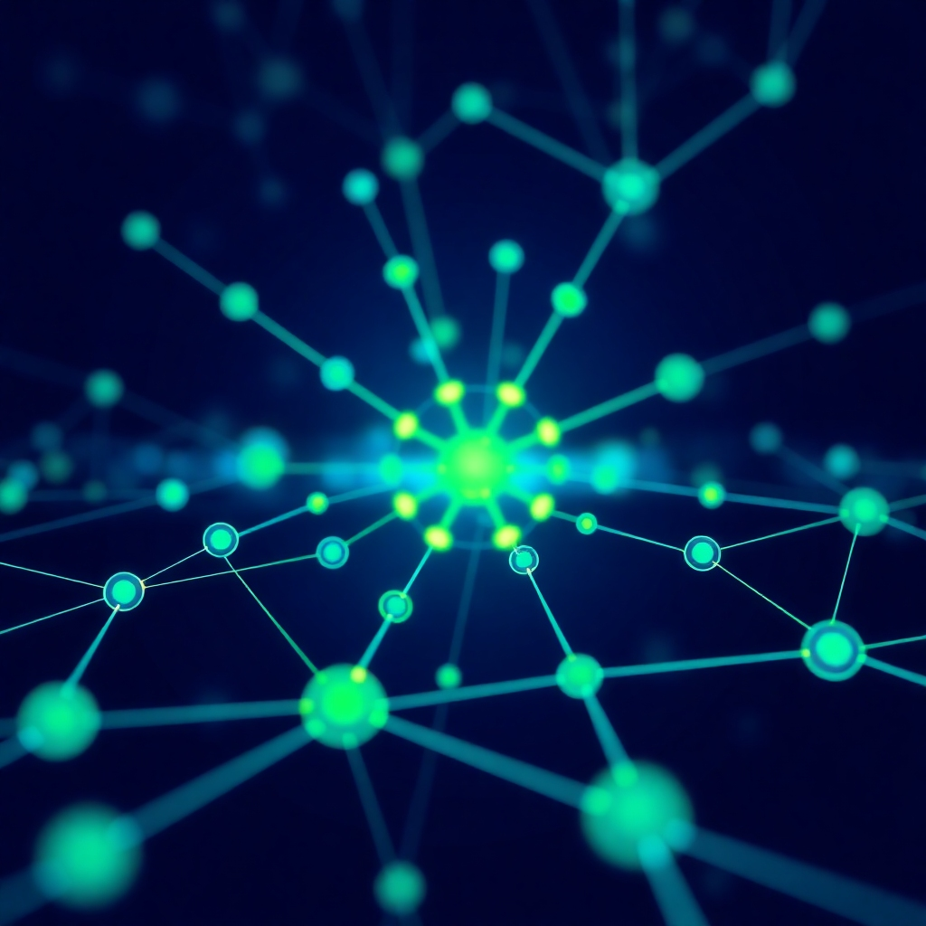 A stylized image showing interconnected nodes and lines representing efficient IT infrastructure and data flow. Use a color palette with vibrant blues and greens to convey efficiency and calm. Resolution: 4K