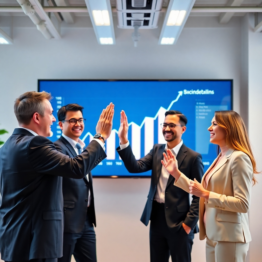 Photorealistic image: A team of business professionals smiling and high-fiving in front of a large screen displaying upward trending graphs. Bright lighting, professional attire, modern office setting. Emphasize teamwork, success and growth. Resolution: 4K. Style reference: Modern corporate photography