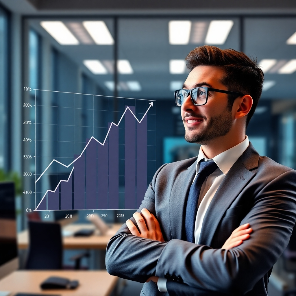 Photorealistic image: Businessperson confidently looking at a graph indicating significant revenue growth. Modern office setting, professional attire. Resolution: 4K. Style reference: Corporate success photography