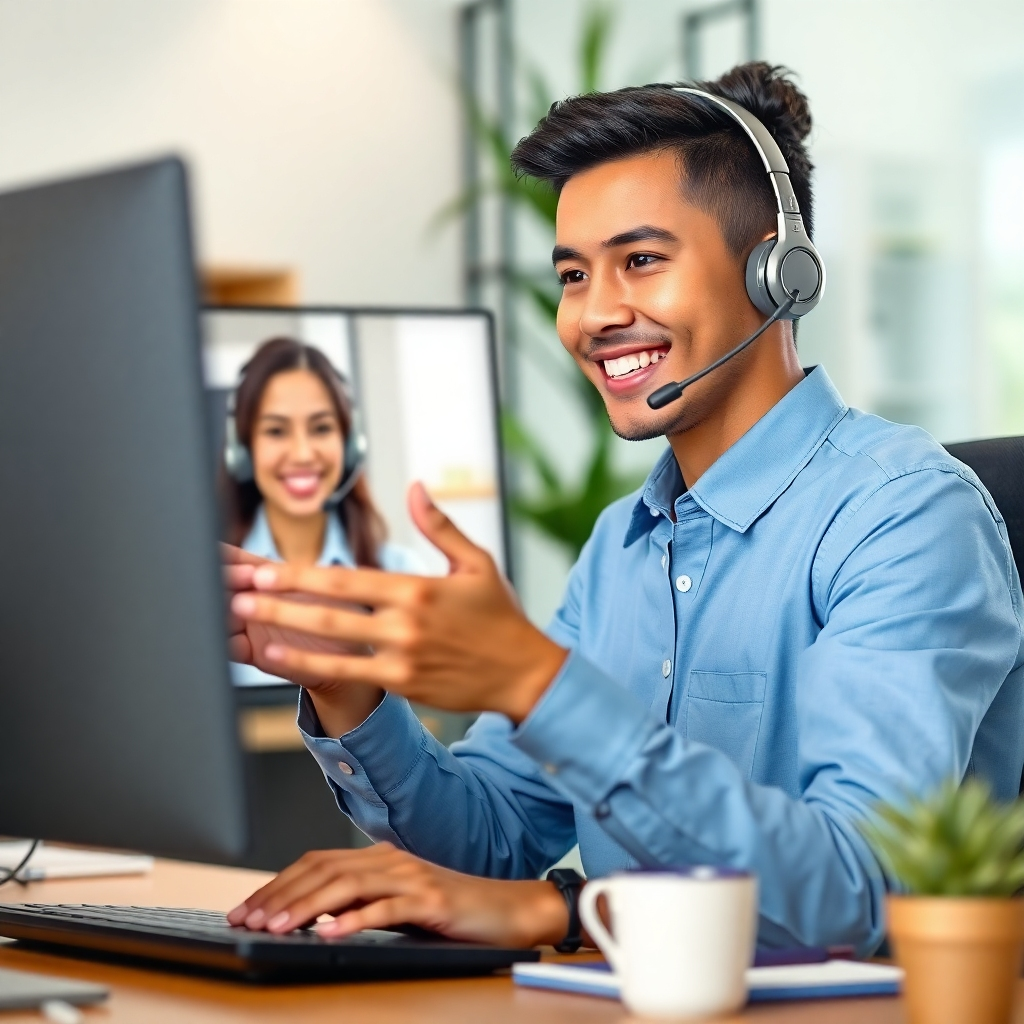 Photorealistic image: Friendly customer service representative interacting remotely with a customer via video conferencing. Resolution: 4K. Style reference: Corporate communication photography