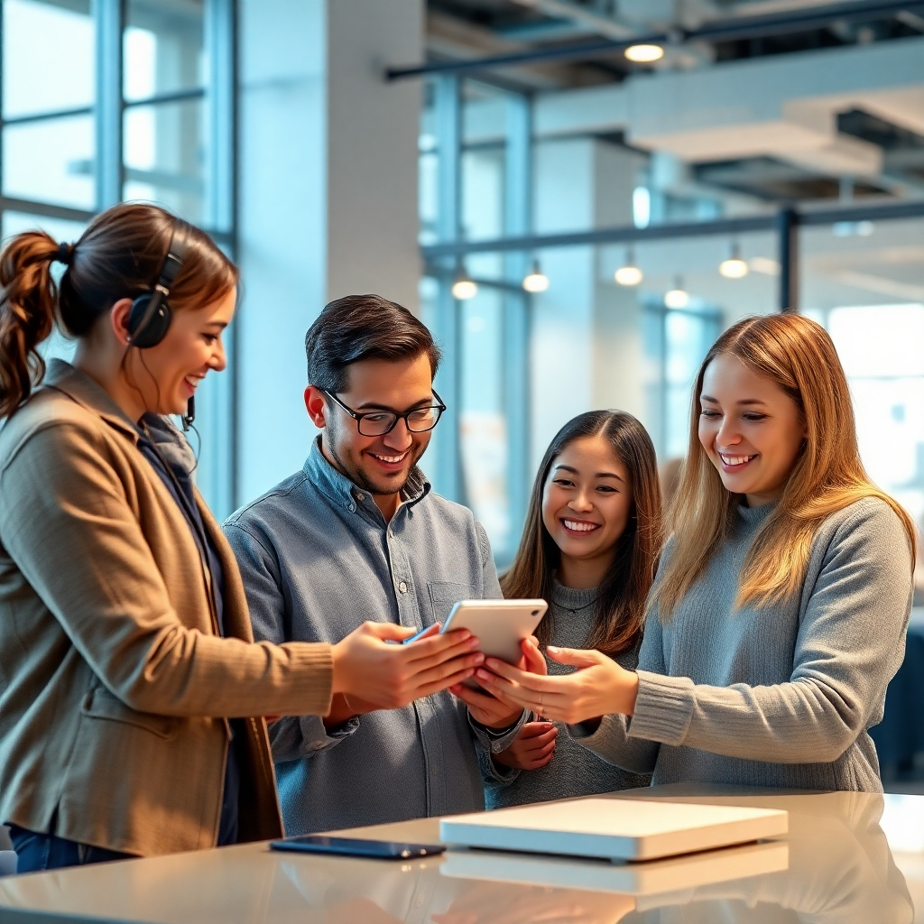 Photorealistic image: Group of happy customers using innovative technology related to the business. Modern setting. Resolution: 4K. Style reference: User experience photography