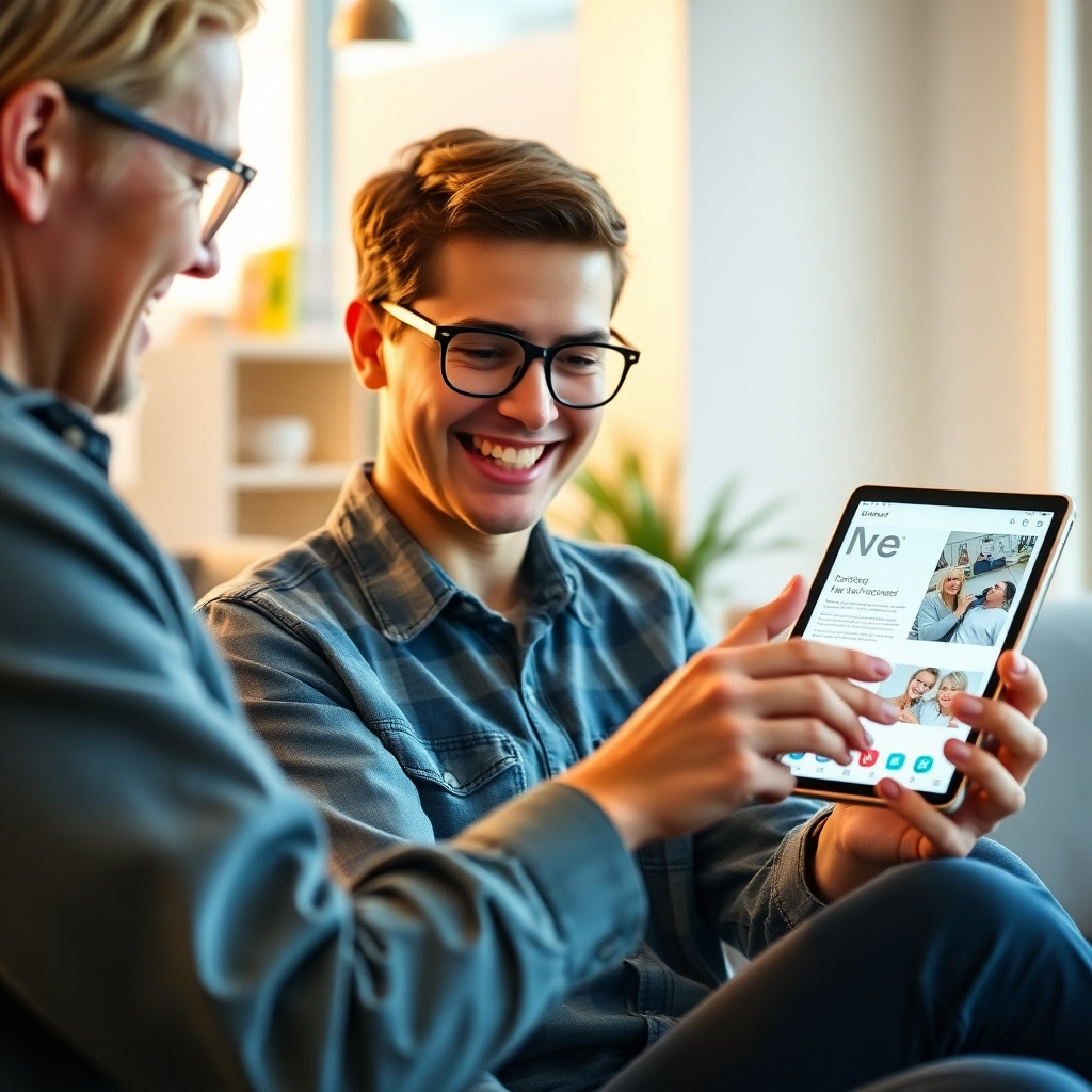 Photorealistic image: Happy customer interacting positively with a user-friendly website or app on a tablet or smartphone. Bright lighting, friendly expressions. Resolution: 4K. Style reference: User experience photography