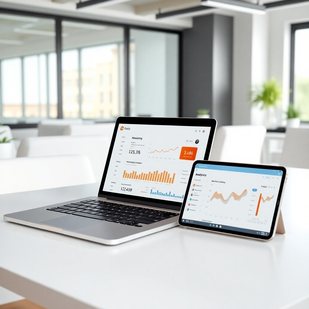 Photorealistic image: Various digital devices (laptop, smartphone, tablet) displaying successful marketing campaigns and analytics dashboards. Bright, clean office setting. Resolution: 4K. Style reference: Tech product photography