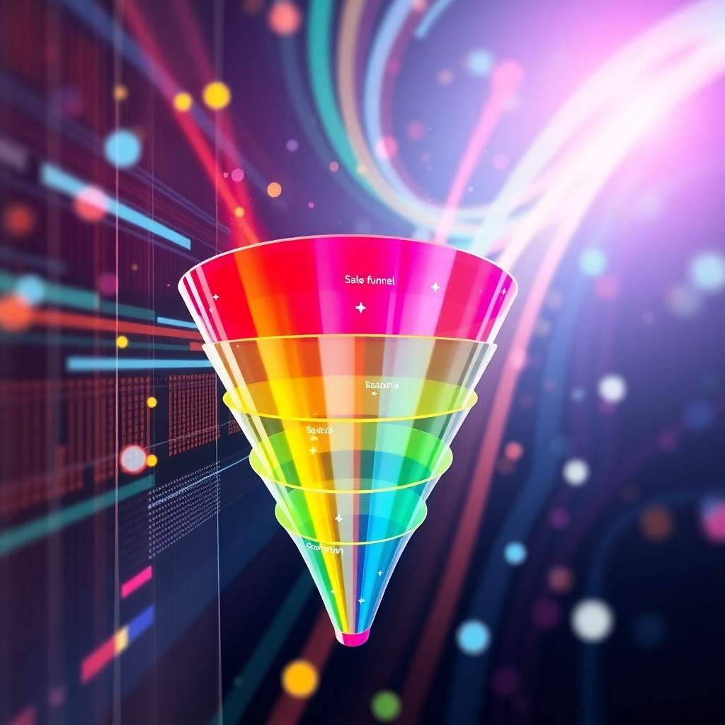 Stylized image: Abstract visualization of streamlined sales funnels. Bright, clear colors indicating efficiency. Resolution: 4K. Style reference: Abstract data visualization